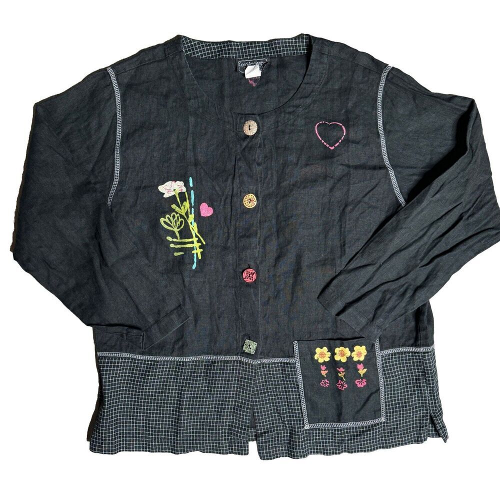 Black Embroidered Button-Front Blouse with Heart Accent